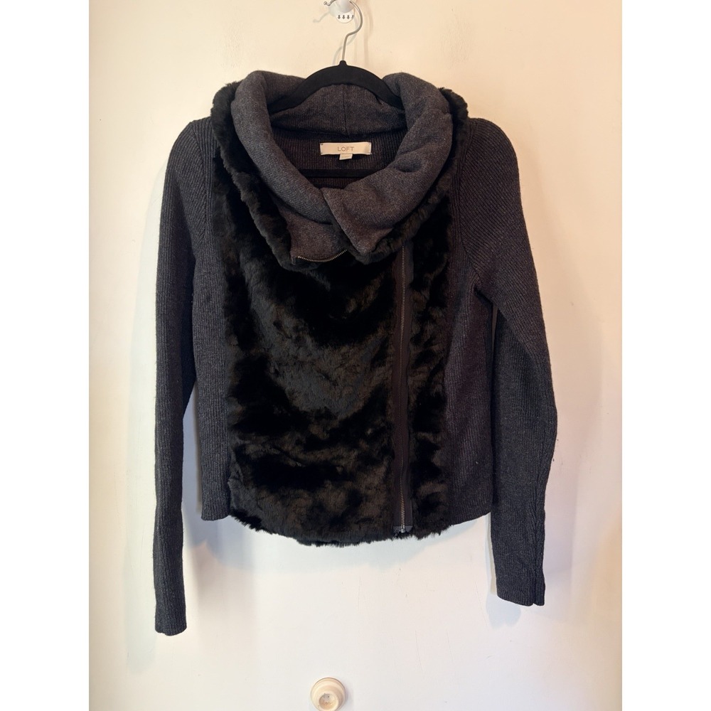 LOFT Womens Small Faux Fur Knit Jacket Asym Zip Cowl Neck Brown Wool Angora Blen